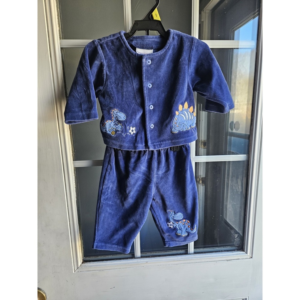 Buster Brown Vintage Baby Boys 2 Piece Dinosaur Velour Outfit Set Blue 3-6M